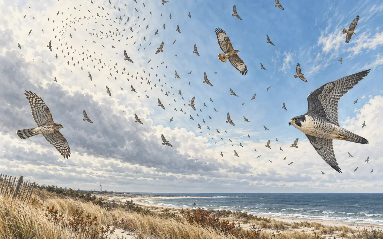 A broad kettle of migrating hawks and falcons over Cape May dunes.