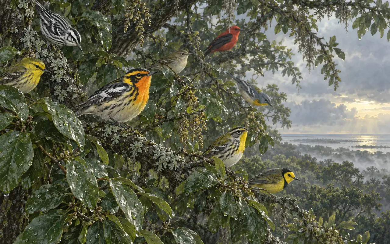 Migrant warblers and a tanager resting in rain-dark live oaks after a Gulf crossing.