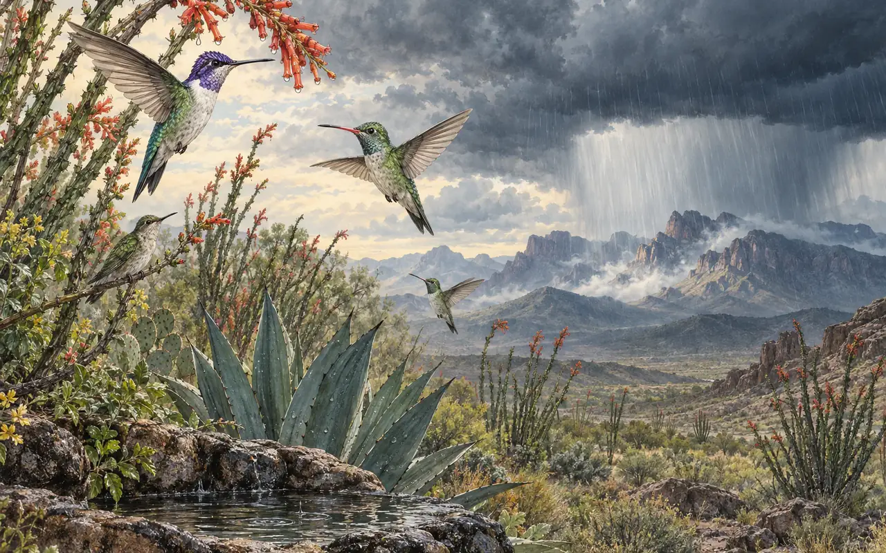 Hummingbirds above desert plants as monsoon rain crosses the Sky Islands.